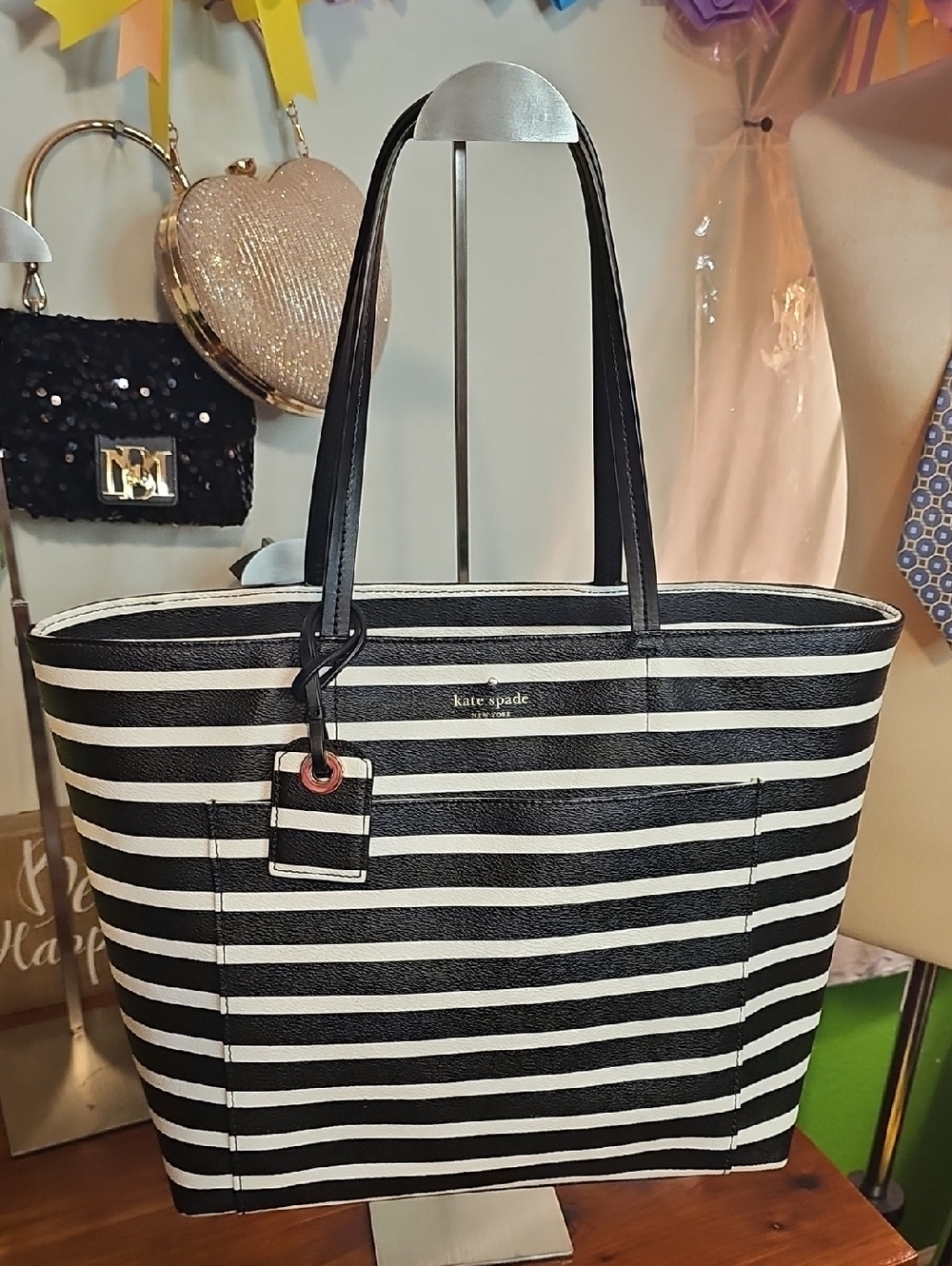 kate spade Black and White Striped Leather Tote